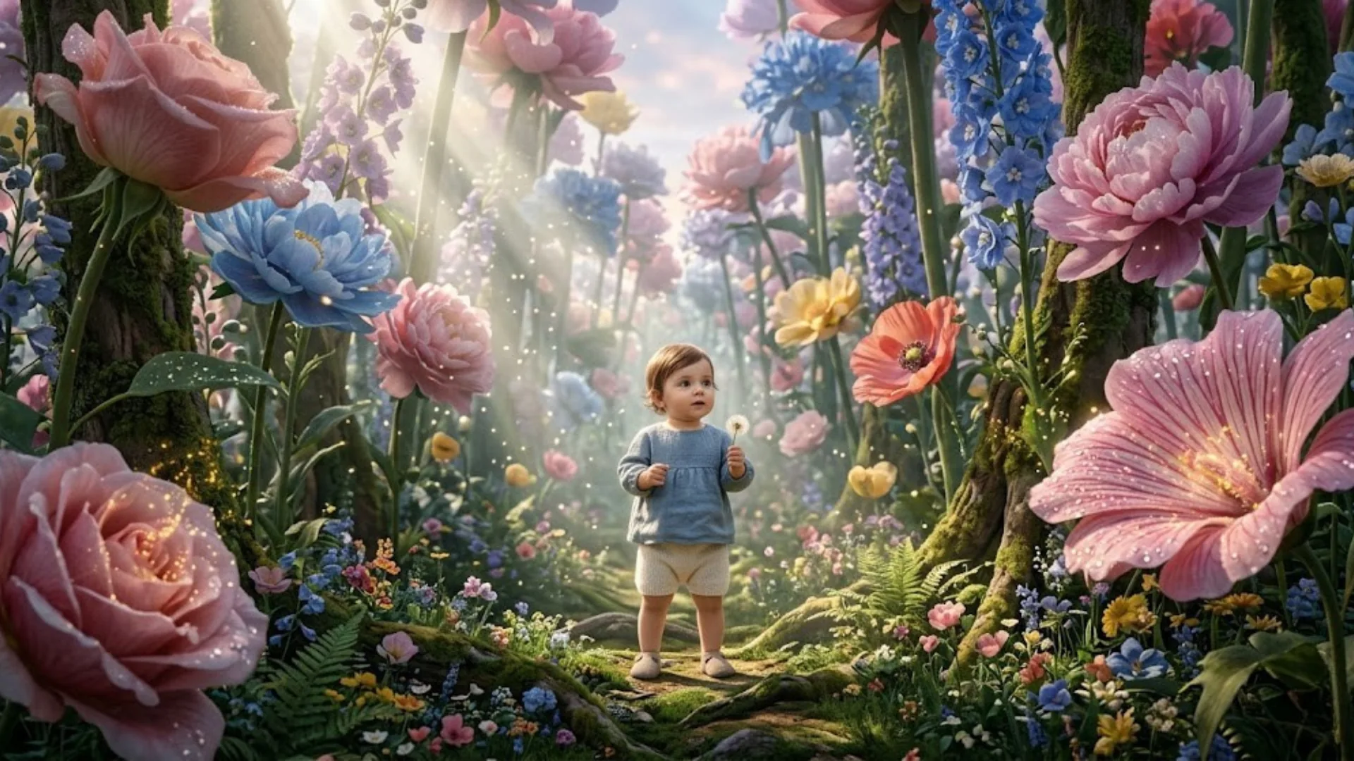AI-generated surreal baby portrait standing in a gigantic flower field with flowers impossibly tall like trees and volumetric light rays
